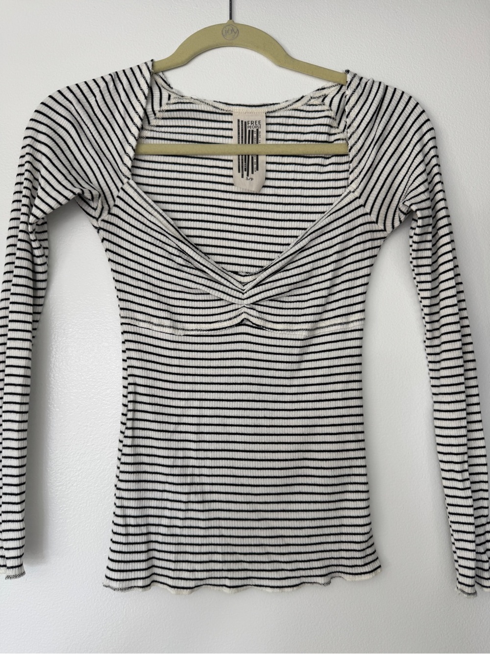 Free People Black & White Striped Twist V-Neck Ribbed Long Sleeve Top